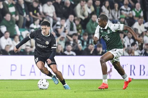 Gent s Abdelkahar Kadri and Hibernian s Miguel Chaiwa pictured in action during a soccer game between Scottish team Hibernian FC and Belgian soccer team KAA Gent, Thursday 27 August 2026 in Edinburgh, on the return leg of the play-off round for the UEFA Conference League league phase. TOMxGOYVAERT  x184510547x