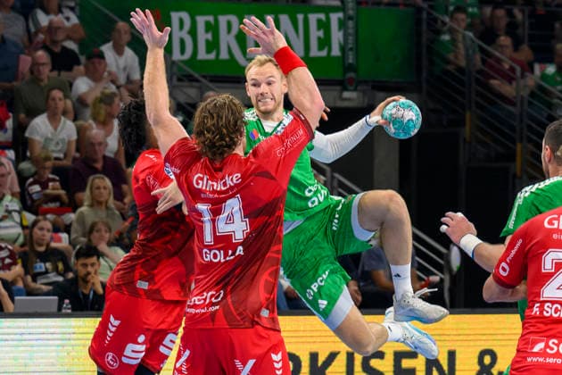 im Bild v.l.: im Angriff Mathias Gidsel (Fuechse Berlin, 19), GER, Berlin, Handball, Fuechse Berlin vs MT Melsungen, in der Max-Schmeling-Halle, 27.08.2026, Copyright: HMBxMedia UwexKoch