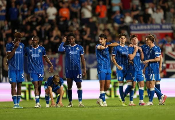 Rangers players look dejected during UEFA Conference League playoff round second leg match at Chance Arena, Jablonec. FK Jablonec v Rangers - UEFA Conference League - Chance Arena, Czech - 27 Aug 2026Jablonec Chance Arena Czech Republic EDITORIAL USE ONLY  Copyright: xRangersxFC Shutterstockx 17121543dk