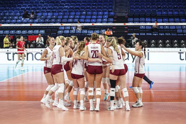 Latvia v Hungary - CEV EuroVolley 2026 ISTANBUL, TURKIYE - AUGUST 27: Players of Latvia celebrate the victory after the CEV EuroVolley 2026 Women Group A match between Poland and Germany at Sinan Erdem Dome in Istanbul, Turkiye on August 27, 2026. Agit Erdi Ulukaya Anadolu Istanbul Turkey. Editorial use only. Please get in touch for any other usage.  Copyright: x2026xAnadoluxAgitxErdixUlukayax