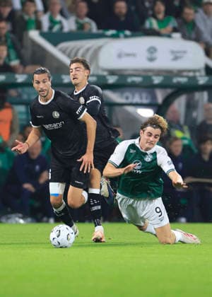 Hibernian v K.A.A. Gent UEFA Europa Conference League Nathan Lowe of Hibernian is fouled by Christian Burgess of K.A.A. Gent during the UEFA Europa Conference League Play-Off Second Leg match at Easter Road, Edinburgh 27 08 2026 UK Newspapers OUT Copyright: xFredxPalmerx FIL-23844-0057