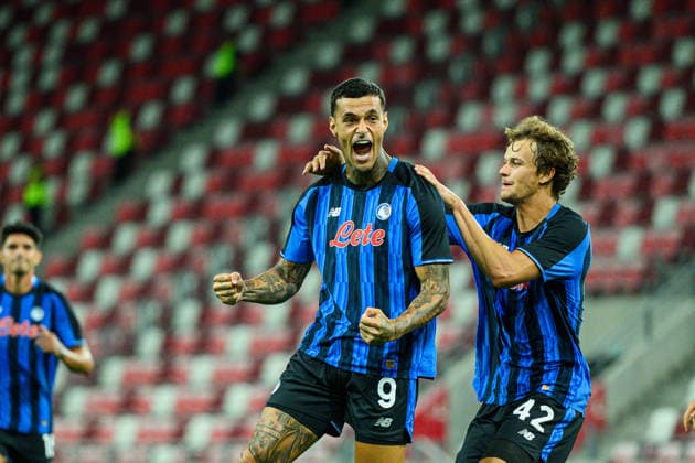 Gianluca Scamacca seen celebrating goal during UEFA Conference League 2026 27 4th qualifying round 2nd leg match between teams of Hapoel Tel Aviv and Atalanta BC in Miskolc, Hungary (Tomasz Karczewski Ball Raw Images) Miskolc DVTK Stadium Hungary Copyright: xTomaszxKarczewskix tomaszkarczewski_hapoel_atalanta_2627_TK2_5349
