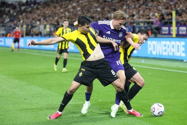 a soccer game between Belgian soccer team RSC Anderlecht and Kazakh Kairat Almaty, Thursday 27 August 2026 in Brussels, in on the return leg of the play-off round for the UEFA Europa League phase. VIRGINIExLEFOUR  x0865074500stx