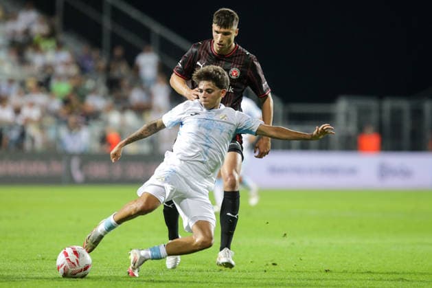 HNK Rijeka v Midtjylland - UEFA Conference League 2026 27 Play Off Round Second Leg RIJEKA, CROATIA - AUGUST 27: Samuele Vignato of HNK Rijeka and Adam Gabriel of FC Midtjylland in action during the UEFA Conference League 2026 27 Play Off Round Second Leg match between HNK Rijeka and FC Midtjylland at Stadion HNK Rijeka on August 27, 2026 in Rijeka, Croatia.  GoranxKovacic PIXSELL