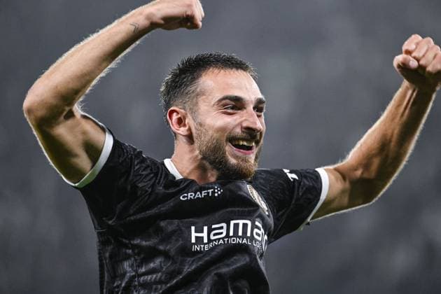 Gent s Matties Volckaert celebrates after winning a soccer game between Scottish team Hibernian FC and Belgian soccer team KAA Gent, Thursday 27 August 2026 in Edinburgh, on the return leg of the play-off round for the UEFA Conference League league phase. TOMxGOYVAERT  x184519251x