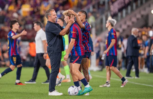 ESP: LaLiga EA Sports FC Barcelona, Barca v Athletic Bilbao Hansi Flick of FC Barcelona, Raphinha of FC Barcelona and Fermin Lopez of FC Barcelona during LaLiga EA Sports between FC Barcelona v Athletic Bilbao played at Spotify Camp Nou Stadium in Barcelona on August 27, 2026 in Spain Spain Futbol Copyright: xAgenciaxLOFx