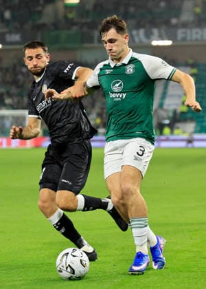 Hibernian v K.A.A. Gent UEFA Europa Conference League Abdelkahar Kadri of K.A.A. Gent and Adam Mayor of Hibernian competes for the ball during the UEFA Europa Conference League Play-Off Second Leg match at Easter Road, Edinburgh 27 08 2026 UK Newspapers OUT Copyright: xFredxPalmerx FIL-23844-0127