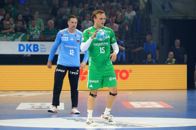 27.08.2026, GER Deutschland, Handball, 1.Bundesliga, 27.08.2026, Saison 2026 2027, Berlin, Fuechse Berlin vs Melsungen Palicka, Andreas ( Fuechse Berlin 12 ), Tobias Grondahl ( Fuechse Berlin 15 ) Berlin Max-Schmeling-Halle Berlin Deutschland Copyright: xNordphotox xEnglerx