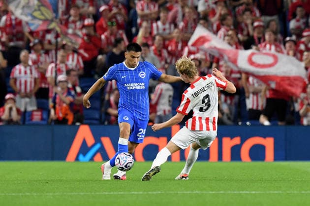 Brighton and Hove Albion v Tromso, UEFA Conference League Diego Gomez Midfielder of Brighton and Hove Albion and Mathias Tennessen Defender of Tromso IL in action during the UEFA Conference League match between Brighton and Hove Albion and Tromso at the American Express Stadium, Brighton and Hove, UK on 27 August 2026. Brighton and Hove American Express Stadium East Sussex UK Editorial use only , Copyright: xJeffxMoodx PSI-24752-0087