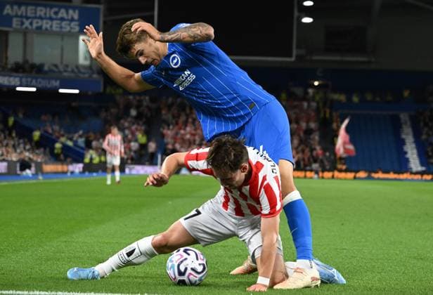 Lars Olden Larsen of Tromso holds off Luka Vuskovic of Brighton during the Europa Conference League Qualifying match between Brighton and Hove Albion and Tromso at the American Express Stadium, Brighton UK - Thursday 27th August 2026 Brighton v Tromso Europa Conference League 2026, Amex Stadium, Sussex, UK - 27 Aug 2026Brighton Amex Stadium Sussex United Kingdom Editorial use only. No merchandising. For Football images FA and Premier League restrictions apply inc. no internet mobile usage without FAPL license - for details contact Football Dataco  Copyright: xLizxFinlayson TPI Shutterstockx 17121964cs