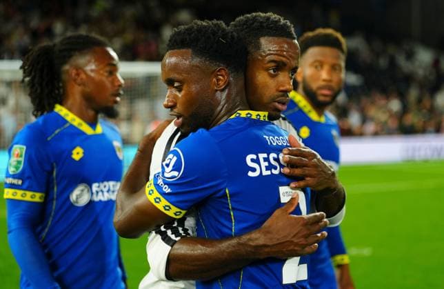 Ryan Sessegnon of Fulham hugs Steven Sessegnon of AFC Wimbledon Fulham v AFC Wimbledon, EFL Carabao Cup, Second Round, Football, Craven Cottage, London, UK - 27 Aug 2026London Craven Cottage United Kingdom EDITORIAL USE ONLY No use with unauthorised audio, video, data, fixture lists, club league logos or live services. Online in-match use limited to 120 images, no video emulation. No use in betting, games or single club league player publications. Copyright: xJavierxGarcia Shutterstockx 17118946cq