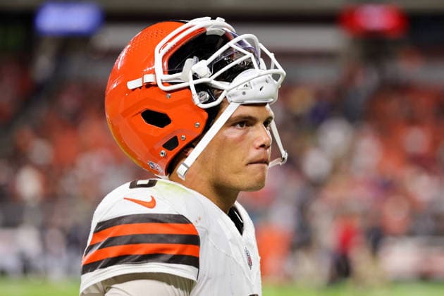 CLEVELAND, OH - AUGUST 27: Cleveland Browns quarterback Dillon Gabriel (6) leaves the field at halftime of the National Football League preseason game between the New England Patriots and Cleveland Browns on August 27, 2026, at Huntington Bank Field in Cleveland, OH. (Photo by Frank Jansky Icon Sportswire) NFL, American Football Herren, USA AUG 27 Patriots at Browns EDITORIAL USE ONLY Icon260827010
