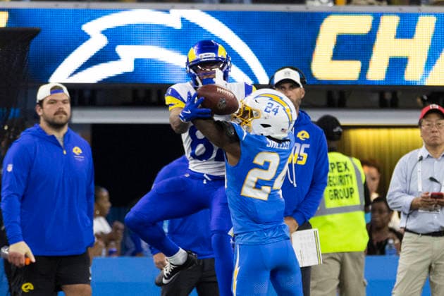 August 27, 2026, Inglewood, California, USA: Los Angeles Chargers Cornerback Rodney Shelley (24) defects a pass intended for Los Angeles Rams Wide Receiver Brennan Presley (81) during an NFL, American Football Herren, USA football preseason game, in Inglewood, Calif. on Thursday August 27, 2026. Inglewood USA - ZUMAc68_ 20260827_zaf_c68_008 Copyright: xRingoxChiux