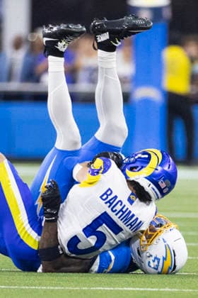August 27, 2026, Inglewood, California, USA: Los Angeles Rams Wide Receiver Alex Bachman (5) is brought down by Los Angeles Chargers Linebacker Del Shawn Phillips (53) during an NFL, American Football Herren, USA football preseason game, in Inglewood, Calif. on Thursday August 27, 2026. NHL, Eishockey Herren, USA 2026: LA Chargers Vs LA Rams - ZUMAc68_ 20260827_zaf_c68_005 Copyright: xRingoxChiux