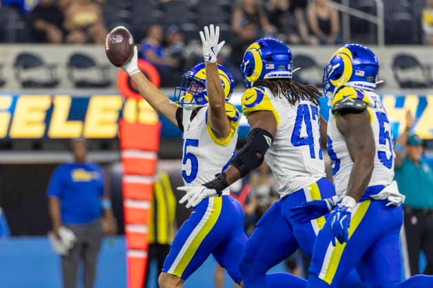 August 27, 2026, Inglewood, California, USA: Los Angeles Rams Safety Nick Andersen (45) celebrates after an interception against Los Angeles Chargers during an NFL, American Football Herren, USA football preseason game, in Inglewood, Calif. on Thursday August 27, 2026. NHL, Eishockey Herren, USA 2026: LA Chargers Vs LA Rams - ZUMAc68_ 20260827_zaf_c68_009 Copyright: xRingoxChiux