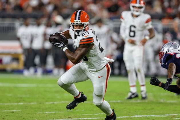 CLEVELAND, OH - AUGUST 27: Cleveland Browns running back Ahmani Marshall (23) runs with the football during the first quarter of the National Football League preseason game between the New England Patriots and Cleveland Browns on August 27, 2026, at Huntington Bank Field in Cleveland, OH. (Photo by Frank Jansky Icon Sportswire) NFL, American Football Herren, USA AUG 27 Patriots at Browns EDITORIAL USE ONLY Icon260827019