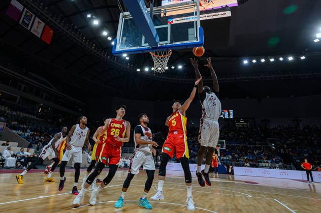 Qatar v China - FIBA Basketball World Cup 2027 Asian Qualifiers Liao Sanning (2-R) of China and Dieng Ousmanediatta (R) of Qatar in action during the second-round match between China and Qatar in the FIBA Basketball World Cup Asian Qualifiers at Al Janoub Stadium in Al Wakrah, Qatar, August 27, 2026. DOHA Qatar Copyright: xNOUSHADx