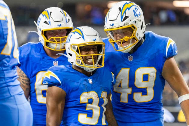 August 27, 2026, Inglewood, California, USA: Los Angeles Chargers Running Back Gregory Desrosiers (31) celebrates after scoring against Los Angeles Rams during an NFL, American Football Herren, USA football preseason game, in Inglewood, Calif. on Thursday August 27, 2026. Inglewood USA - ZUMAc68_ 20260827_zaf_c68_016 Copyright: xRingoxChiux
