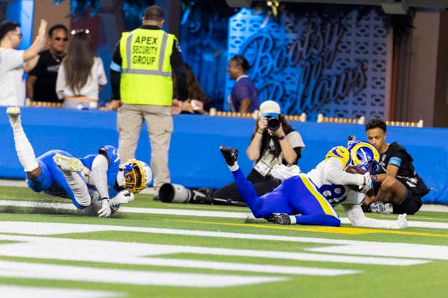 August 27, 2026, Inglewood, California, USA: Los Angeles Rams Wide Receiver Brennan Presley (81) drives pass Los Angeles Chargers Cornerback Nikko Reed (46) and scores a touchdown during an NFL, American Football Herren, USA football preseason game, in Inglewood, Calif. on Thursday August 27, 2026. NHL, Eishockey Herren, USA 2026: LA Rams 20:18 LA Chargers  - ZUMAc68_ 20260827_zaf_c68_019 Copyright: xRingoxChiux