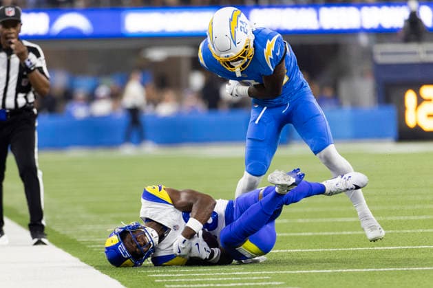 August 27, 2026, Inglewood, California, USA: Los Angeles Rams Wide Receiver Tru Edwards (16) is brought down by Los Angeles Chargers Cornerback Rodney Shelley (24) during an NFL, American Football Herren, USA football preseason game, in Inglewood, Calif. on Thursday August 27, 2026. NHL, Eishockey Herren, USA 2026: LA Rams 20:18 LA Chargers  - ZUMAc68_ 20260827_zaf_c68_022 Copyright: xRingoxChiux