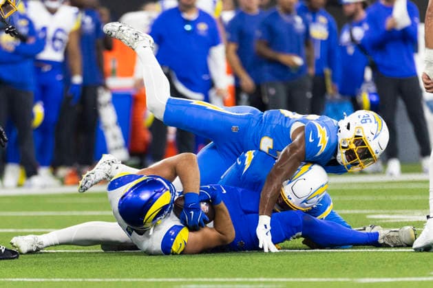 August 27, 2026, Inglewood, California, USA: Los Angeles Rams Wide Receiver Brennan Presley (81) is brought down by Los Angeles Chargers Cornerback Avery Smith (36) and Outside Linebacker Andre Carter (51) during an NFL, American Football Herren, USA football preseason game, in Inglewood, Calif. on Thursday August 27, 2026. NHL, Eishockey Herren, USA 2026: LA Rams 20:18 LA Chargers  - ZUMAc68_ 20260827_zaf_c68_024 Copyright: xRingoxChiux