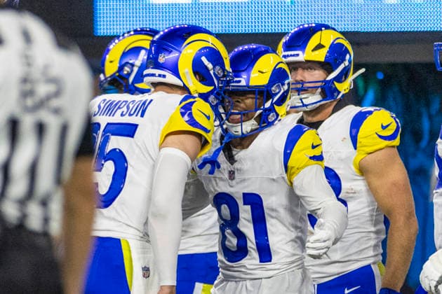 August 27, 2026, Inglewood, California, USA: Los Angeles Rams Wide Receiver Brennan Presley (81) celebrates after scoring a touchdown against Los Angeles Chargers during an NFL, American Football Herren, USA football preseason game, in Inglewood, Calif. on Thursday August 27, 2026. Inglewood USA - ZUMAc68_ 20260827_zaf_c68_023 Copyright: xRingoxChiux