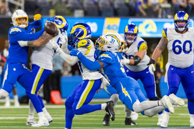 August 27, 2026, Inglewood, California, USA: Los Angeles Rams Wide Receiver Brennan Presley (81) is stopped by Los Angeles Chargers Safety Noah Avinger (31) during an NFL, American Football Herren, USA football preseason game, in Inglewood, Calif. on Thursday August 27, 2026. NHL, Eishockey Herren, USA 2026: LA Rams 20:18 LA Chargers  - ZUMAc68_ 20260827_zaf_c68_036 Copyright: xRingoxChiux