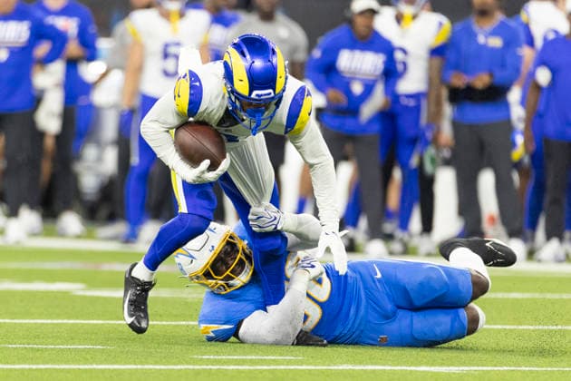 August 27, 2026, Inglewood, California, USA: Los Angeles Rams Wide Receiver Brennan Presley (81) is tackled by Los Angeles Chargers Linebacker Marlowe Wax (58) during an NFL, American Football Herren, USA football preseason game, in Inglewood, Calif. on Thursday August 27, 2026. NHL, Eishockey Herren, USA 2026: LA Rams 20:18 LA Chargers - ZUMAc68_ 20260827_zaf_c68_038 Copyright: xRingoxChiux