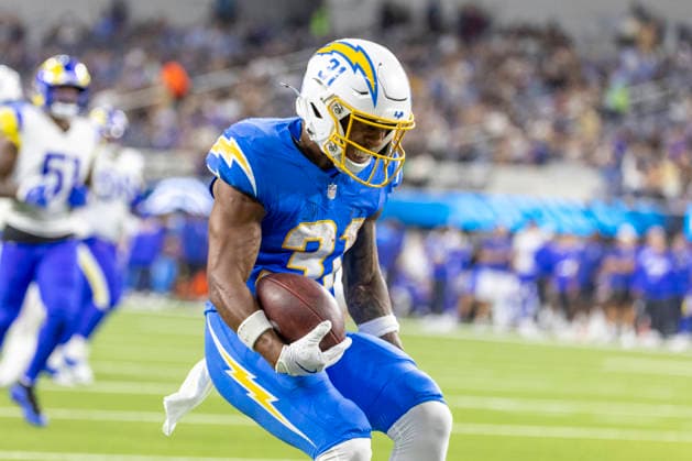 August 27, 2026, Inglewood, California, USA: Los Angeles Chargers Running Back Gregory Desrosiers (31) celebrates after scoring against Los Angeles Rams during an NFL, American Football Herren, USA football preseason game, in Inglewood, Calif. on Thursday August 27, 2026. NHL, Eishockey Herren, USA 2026: LA Rams 20:18 LA Chargers - ZUMAc68_ 20260827_zaf_c68_039 Copyright: xRingoxChiux
