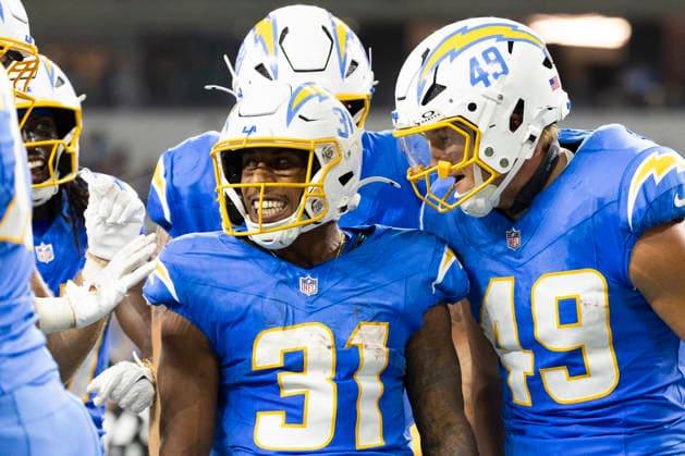 August 27, 2026, Inglewood, California, USA: Los Angeles Chargers Running Back Gregory Desrosiers (31) celebrates after scoring against Los Angeles Rams during an NFL, American Football Herren, USA football preseason game, in Inglewood, Calif. on Thursday August 27, 2026. NHL, Eishockey Herren, USA 2026: LA Rams 20:18 LA Chargers - ZUMAc68_ 20260827_zaf_c68_045 Copyright: xRingoxChiux