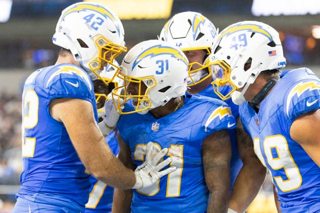 August 27, 2026, Inglewood, California, USA: Los Angeles Chargers Running Back Gregory Desrosiers (31) celebrates after scoring against Los Angeles Rams during an NFL, American Football Herren, USA football preseason game, in Inglewood, Calif. on Thursday August 27, 2026. NHL, Eishockey Herren, USA 2026: LA Rams 20:18 LA Chargers - ZUMAc68_ 20260827_zaf_c68_049 Copyright: xRingoxChiux