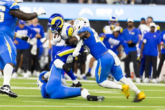 August 27, 2026, Inglewood, California, USA: Los Angeles Rams Wide Receiver Brennan Presley (81) is stopped by Los Angeles Chargers Linebackers Marlowe Wax (58) and Junior Colson (25) during an NFL, American Football Herren, USA football preseason game, in Inglewood, Calif. on Thursday August 27, 2026. Inglewood USA - ZUMAc68_ 20260827_zaf_c68_040 Copyright: xRingoxChiux