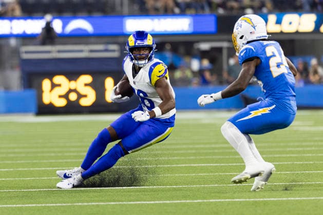 August 27, 2026, Inglewood, California, USA: Los Angeles Rams Wide Receiver Tru Edwards (16) runs the ball against Los Angeles Chargers Cornerback Rodney Shelley (24) during an NFL, American Football Herren, USA football preseason game, in Inglewood, Calif. on Thursday August 27, 2026. NHL, Eishockey Herren, USA 2026: LA Rams 20:18 LA Chargers - ZUMAc68_ 20260827_zaf_c68_054 Copyright: xRingoxChiux