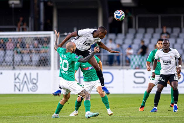 UEFA Europa League play-offs, 2nd leg – Kauno Žalgiris vs Besiktas at Dariaus ir Gireno Stadium, Kaunas, Lithuania. Tiago Djalo heads the ball during the UEFA Europa League play-offs second leg match between Kauno Žalgiris and Besiktas at Dariaus ir Gireno Stadium in Kaunas, Lithuania. Kaunas Kaunas Lithuania