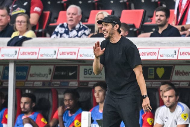 Trainer Julian Schuster (SC Freiburg) gestures during the UEFA Conference League 2026 27 Play Off Round Second Leg match between Club Freiburg and Motherwell at Stadion am Wolfswinkel on August 27, 2026 in Freiburg, Germany. (Photo by Harry Langer DeFodi Images) -