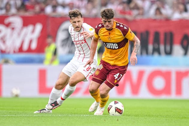 Maximilian Eggestein (SC Freiburg) and Seb Palmer-Houlden (Motherwell FC) battle for the ball during the UEFA Conference League 2026 27 Play Off Round Second Leg match between Club Freiburg and Motherwell at Stadion am Wolfswinkel on August 27, 2026 in Freiburg, Germany. (Photo by Harry Langer DeFodi Images) -