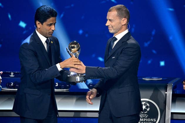 Nasser al-Khelaïfi, le président du PSG, et Aleksander Ceferin, le président de l’UEFA, lors du tirage au sort de la phase de ligue de l’édition 2026-2027 de la Ligue des champions au Grimaldi Forum de Monaco, le 27 août 2026. Bruno Bebert Bestimage The 2026 27 UEFA Champions League league phase draw at the Grimaldi Forum in Monaco on August 27, 2026. Monaco Monaco  Copyright: xBrunoxBebertx xBestimagexBrunoxBebertx xBestimagex