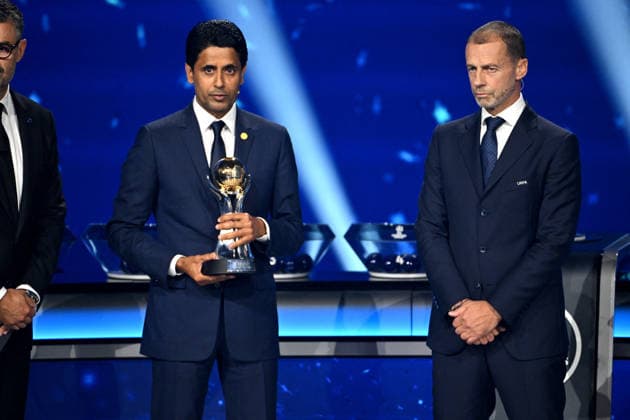 Nasser al-Khelaïfi, le président du PSG, et Aleksander Ceferin, le président de l’UEFA, lors du tirage au sort de la phase de ligue de l’édition 2026-2027 de la Ligue des champions au Grimaldi Forum de Monaco, le 27 août 2026. Bruno Bebert Bestimage The 2026 27 UEFA Champions League league phase draw at the Grimaldi Forum in Monaco on August 27, 2026. Monaco Monaco  Copyright: xBrunoxBebertx xBestimagexBrunoxBebertx xBestimagex