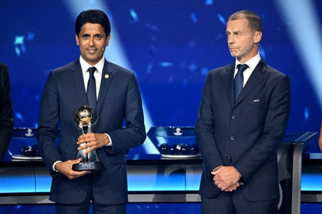 Nasser al-Khelaïfi, le président du PSG, et Aleksander Ceferin, le président de l’UEFA, lors du tirage au sort de la phase de ligue de l’édition 2026-2027 de la Ligue des champions au Grimaldi Forum de Monaco, le 27 août 2026. Bruno Bebert Bestimage The 2026 27 UEFA Champions League league phase draw at the Grimaldi Forum in Monaco on August 27, 2026. Monaco Monaco  Copyright: xBrunoxBebertx xBestimagexBrunoxBebertx xBestimagex