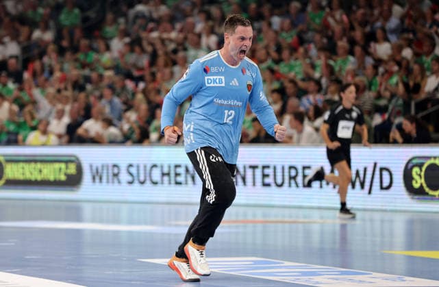 Torwart Andreas Palicka jubelt Freude Emotion Jubel Handball HBL Bundesliga Herren 1. Spieltag Saison 2026 2027 27.08.2026 Füchse Berlin vs MT Melsungen