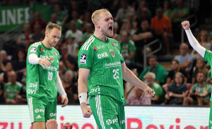 Matthes Langhoff jubelt nach Tor Freude Emotion Jubel Handball HBL Bundesliga Herren 1. Spieltag Saison 2026 2027 27.08.2026 Füchse Berlin vs MT Melsungen