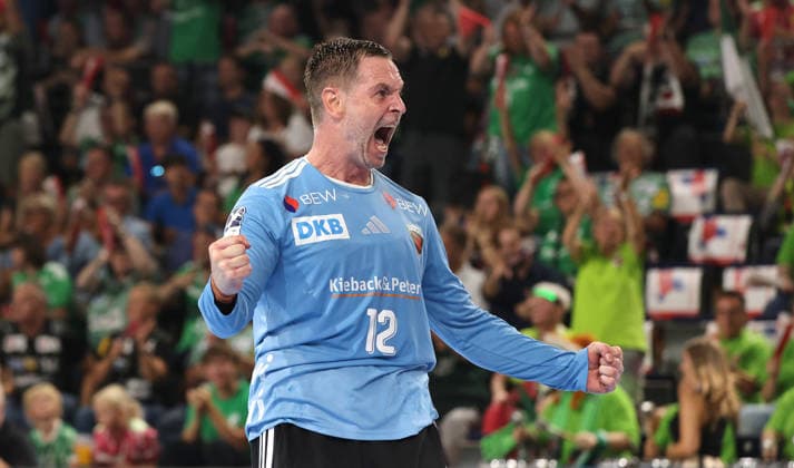 Torwart Andreas Palicka jubelt nach erstem Torerfolg Freude Emotion Jubel Handball HBL Bundesliga Herren 1. Spieltag Saison 2026 2027 27.08.2026 Füchse Berlin vs MT Melsungen