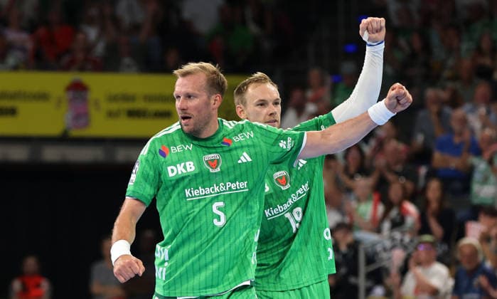 Max Darj, Mathias Gidsel jubelt Freude Emotion Jubel Handball HBL Bundesliga Herren 1. Spieltag Saison 2026 2027 27.08.2026 Füchse Berlin vs MT Melsungen