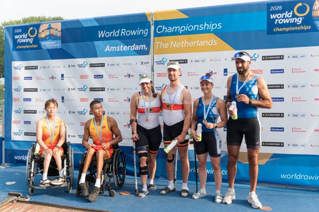 Amsterdam The Netherlands 27th August 2026 2026 World Rowing Championships on the Bosbaan in Amsterdam PR2 Mixed Double Sculls Final A (Final) Medal ceremony. Shuang Liu and Jijian Jiang (CHN) win silver Jasmina Bier and Paul Umbach (GER) win gold. Shahar Milfelder and Saleh Shahin (ISL) win bronze. watersport,