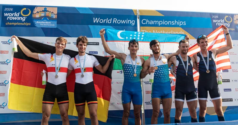 Amsterdam The Netherlands 27th August 2026 2026 World Rowing Championships on the Bosbaan in Amsterdam Lightweight Men s Double Sculls Final A (Final) Medal ceremony Naveen Alexander Shah and Maximilian Ruehling (GER) win silver Shakhzod Nurmatov and Sobirjon Safaroliyev (UZB) win gold Jamie Copus and Sean Richardson (USA) win bronze. watersport,