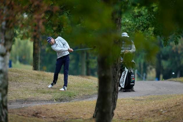SUTTON COLDFIELD, ENGLAND - AUG 28: Michael Hollick (RSA) plays from the rough on the eighth hole during the completion of the delayed Round 1 at the 2026 Husqvarna British Masters at The Belfry, Sutton Coalfield on August 28, 2026 in Warwickshire, England The 2026 Husqvarna British Masters
