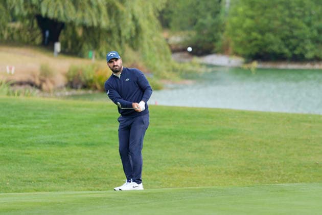 SUTTON COLDFIELD, ENGLAND - AUG 28: Antoine Rozner (FRA) chips to the 8th green during the completion of the delayed Round 1 at the 2026 Husqvarna British Masters at The Belfry, Sutton Coalfield on August 28, 2026 in Warwickshire, England The 2026 Husqvarna British Masters