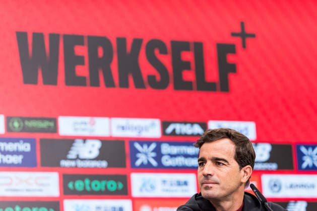 LEVERKUSEN, GERMANY - AUGUST 28: Carles Martinez (Head Coach Bayer 04 Leverkusen) during the pre game press conference, PK, Pressekonferenz before the Bundesliga match between Bayer 04 Leverkusen and SV Elversberg at BayArena on August 28, 2026 in Leverkusen, Germany. DFL REGULATIONS PROHIBIT ANY USE OF PHOTOGRAPHS AS IMAGE SEQUENCES AND OR QUASI-VIDEO. North Rhine Westphalia Germany Copyright: xSteffiexWunderlx