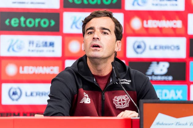 LEVERKUSEN, GERMANY - AUGUST 28: Carles Martinez (Head Coach Bayer 04 Leverkusen) during the pre game press conference, PK, Pressekonferenz before the Bundesliga match between Bayer 04 Leverkusen and SV Elversberg at BayArena on August 28, 2026 in Leverkusen, Germany. DFL REGULATIONS PROHIBIT ANY USE OF PHOTOGRAPHS AS IMAGE SEQUENCES AND OR QUASI-VIDEO. North Rhine Westphalia Germany Copyright: xSteffiexWunderlx