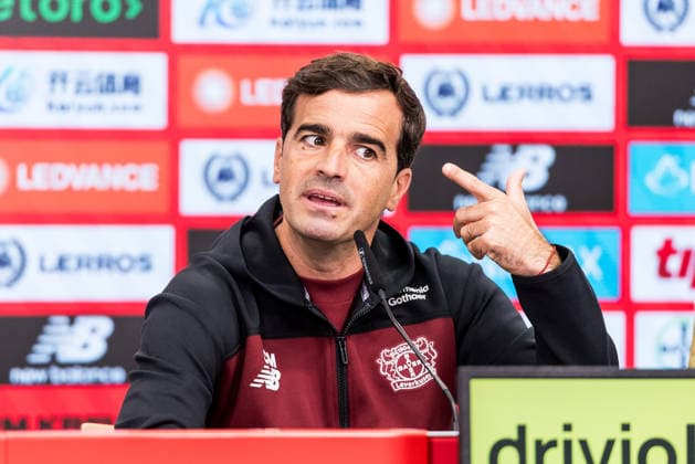 LEVERKUSEN, GERMANY - AUGUST 28: Carles Martinez (Head Coach Bayer 04 Leverkusen) during the pre game press conference, PK, Pressekonferenz before the Bundesliga match between Bayer 04 Leverkusen and SV Elversberg at BayArena on August 28, 2026 in Leverkusen, Germany. DFL REGULATIONS PROHIBIT ANY USE OF PHOTOGRAPHS AS IMAGE SEQUENCES AND OR QUASI-VIDEO. North Rhine Westphalia Germany Copyright: xSteffiexWunderlx